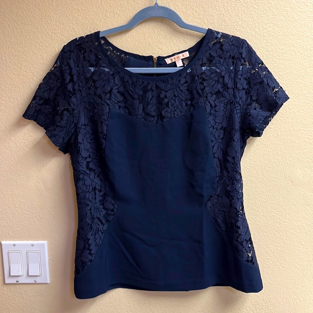Skies Are Blue Navy Lace Short-Sleeve Blouse